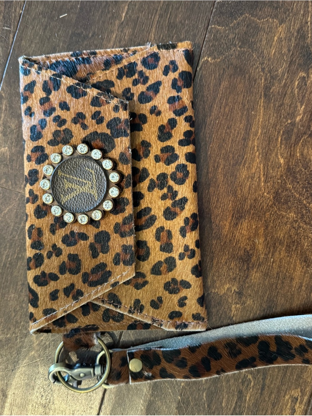 Leopard Print Wristlet Phone Case with Rhinestone Medallion - Brown